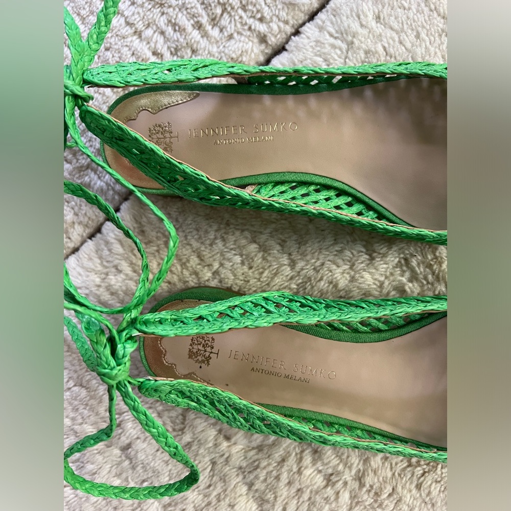 EUC $130 Antonio Melani Jennifer Sumko Green woven raffia Newport lace up flats - Picture 2 of 9